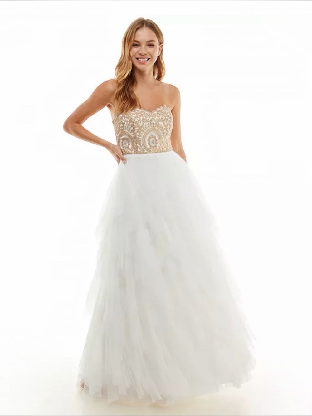 Say Yes Macyβs Prom Formal Dress 13/14 Ivory Gold Strapless Corset NWT